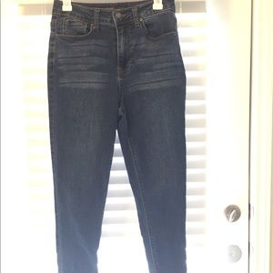 Dark wash high waisted skinny jeans.